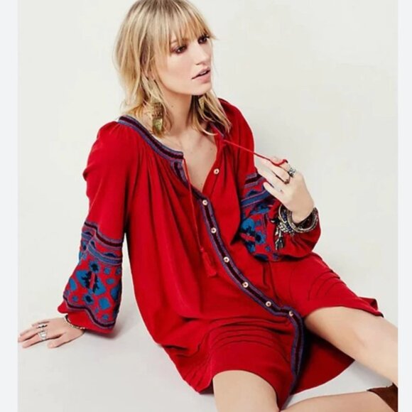 Free People In the Clear 100% Cotton Red Embroidered Shirt Tunic Dress - Picture 2 of 14